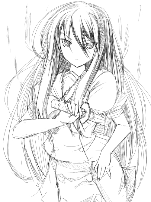 ribi, shana, shakugan no shana, 00s, 1girl, buttons, dagger, dress, female focus, greyscale, hand on own hip, holding, holding weapon, knife, long hair, looking at viewer, monochrome, simple background, sketch, solo, unsheathed, very long hair, weapon, white background
