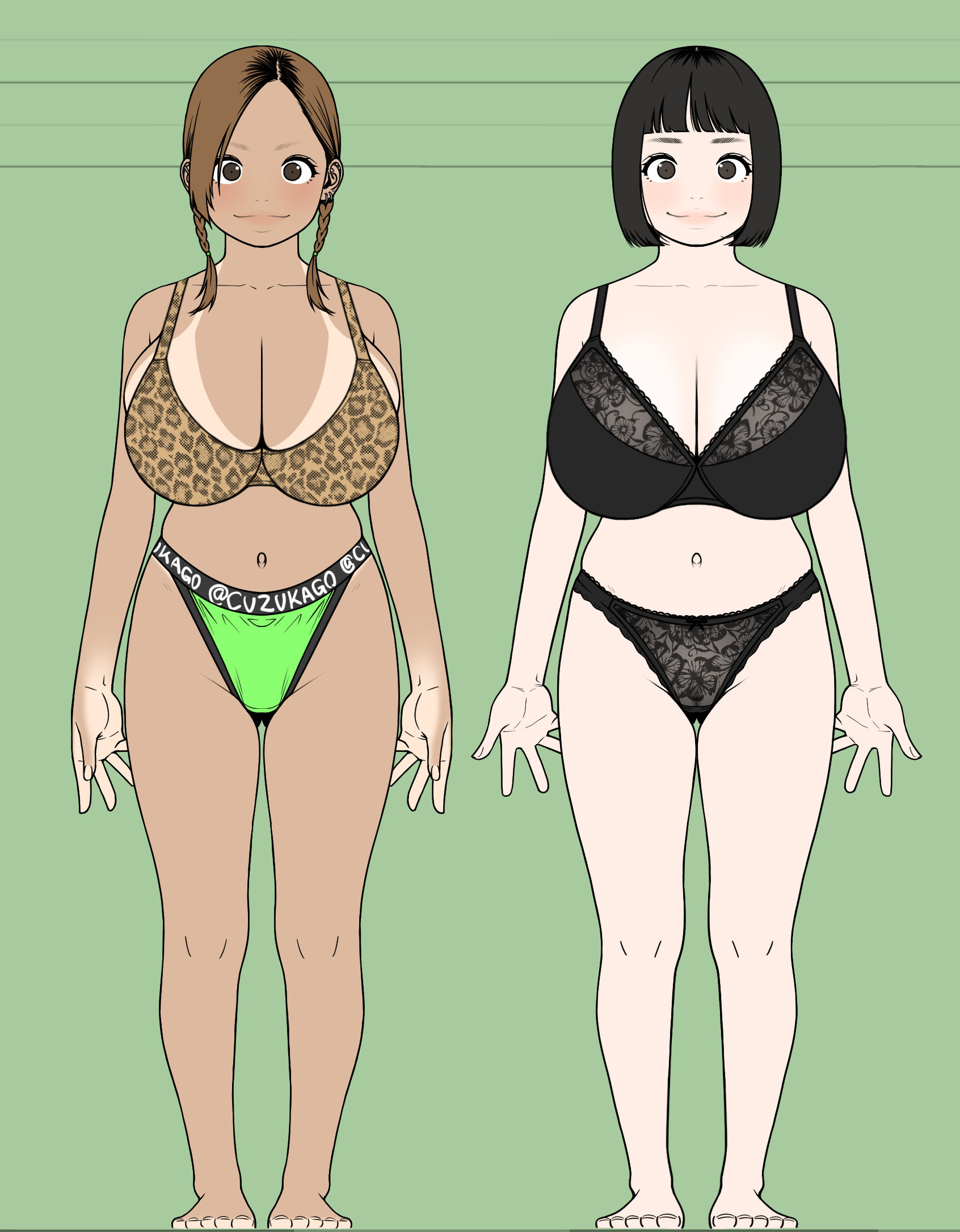 kuzukago (bitchmaker), original, animal print, bare arms, bare legs, bare shoulders, barefoot, black bra, black hair, black panties, blush, bra, braid, breasts, brown eyes, brown hair, cleavage, dark-skinned female, dark skin, flat color, full body, green background, green panties, grey eyes, huge breasts, lace, lace bra, large breasts, leopard print, long hair, marumi (kuzukago bitchmaker), navel, pale skin, panties, pink lips, short hair, simple background, smile, standing, straight hair, tan, tanline, thighs, twin braids, underwear, waka-chan (kuzukago bitchmaker)