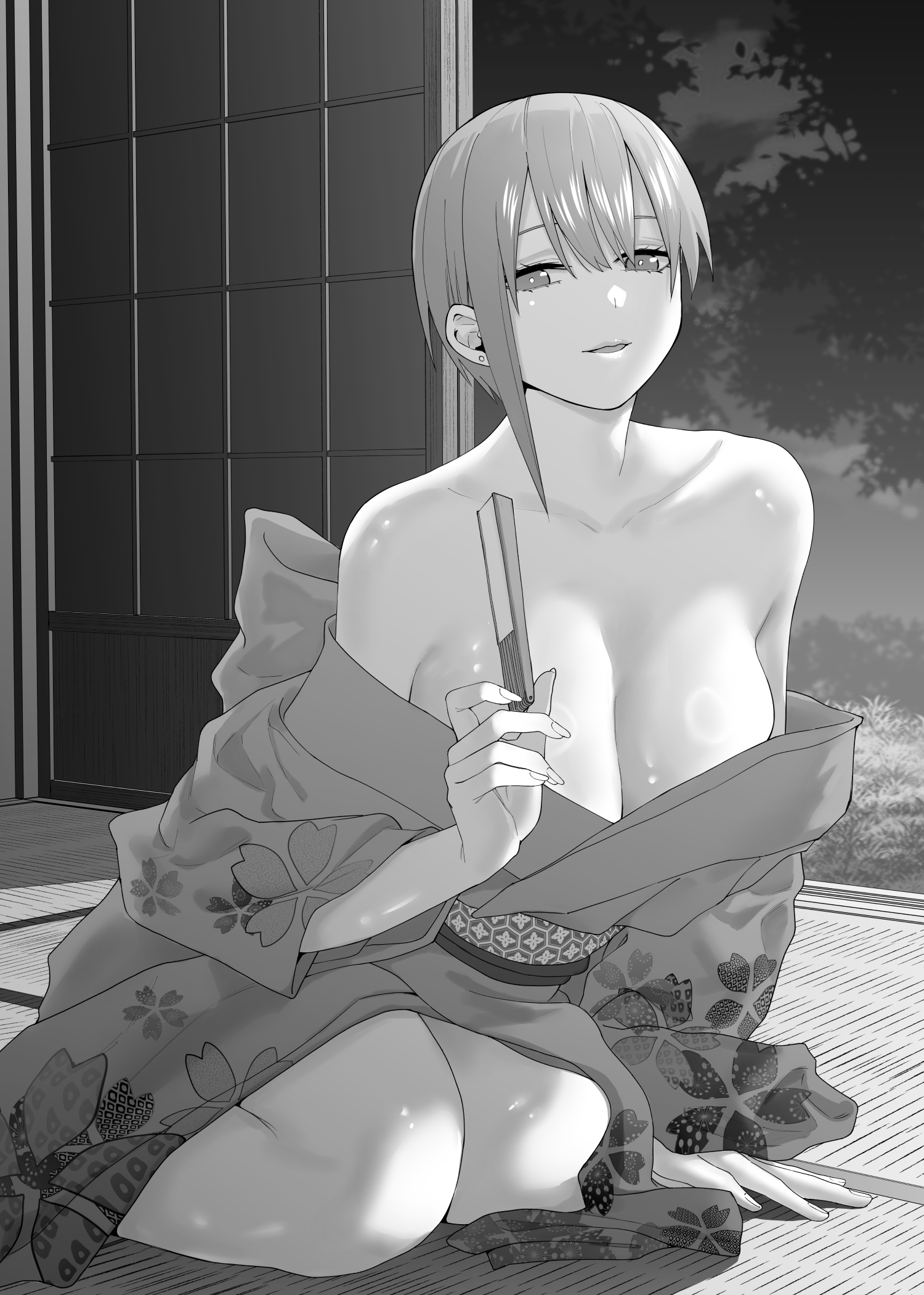 kosmos beta, nakano ichika, go-toubun no hanayome, highres, 1girl, arm support, bare shoulders, breasts, cleavage, collarbone, folded fan, folding fan, greyscale, hand fan, holding, holding fan, huge breasts, indoors, japanese clothes, kimono, kimono pull, looking at viewer, monochrome, off-shoulder kimono, off shoulder, short hair, single sidelock, sitting, sliding doors, solo, tatami, yokozuwari