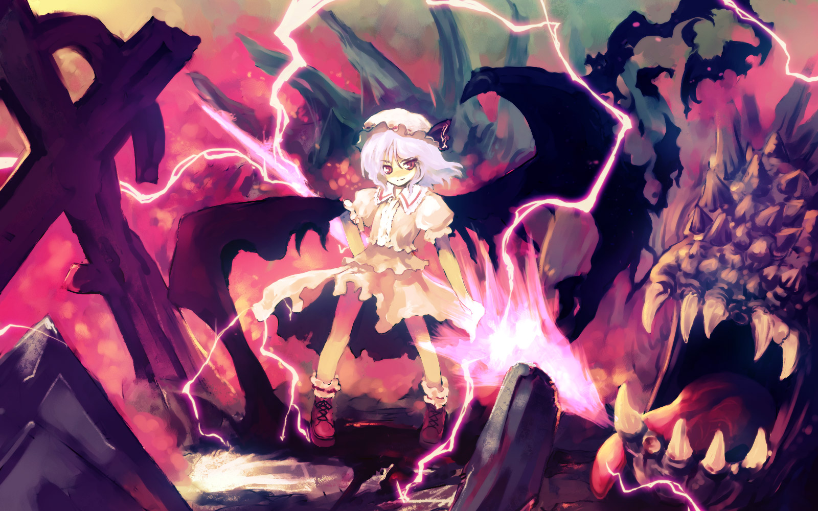 tokiame, remilia scarlet, touhou, highres, 1girl, bat wings, cross, energy, female focus, hand on own hip, monster, solo, spear the gungnir, standing, teeth, tongue, tongue out, wings