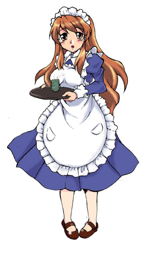 maskman, asahina mikuru, suzumiya haruhi no yuuutsu, 00s, 1girl, apron, blush, brown eyes, brown hair, dress, female focus, long hair, maid, maid apron, maid headdress, open mouth, solo, tray, very long hair