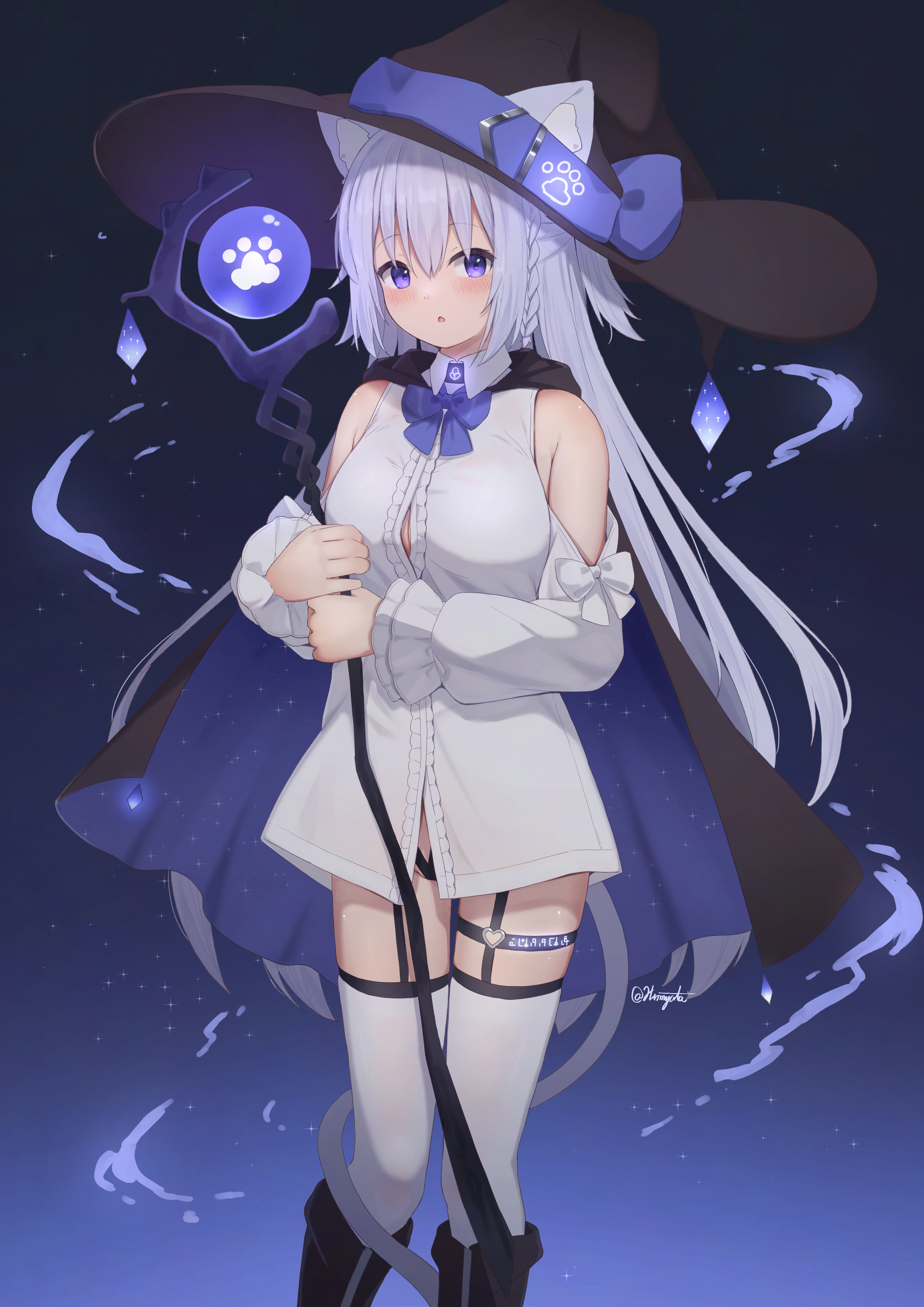 hinata (user rjkt4745), original, absurdres, highres, 1girl, :o, animal ears, black cape, black hat, blush, braid, cape, cat ears, dress, hat, holding, holding staff, looking at viewer, mage staff, purple eyes, single braid, solo, staff, standing, thighhighs, white dress, white sleeves, white thighhighs, witch, witch hat