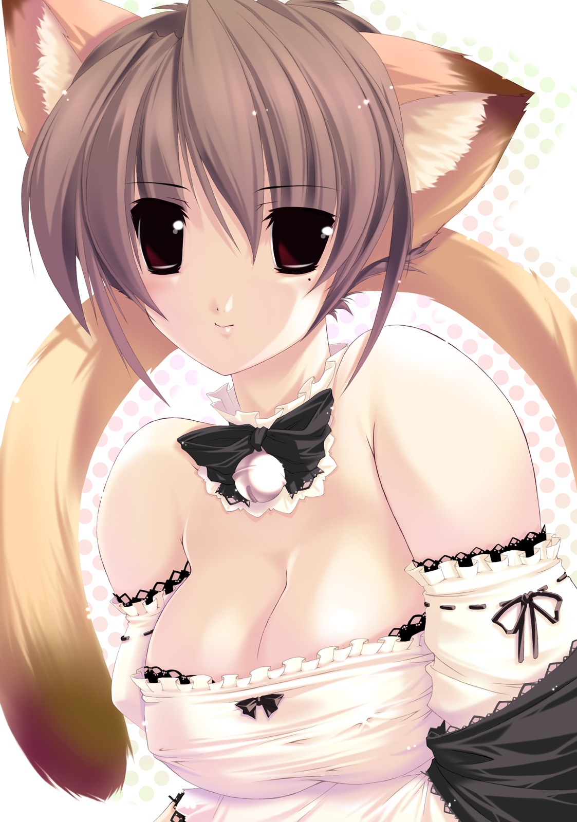 jian, highres, 1girl, animal ears, bare shoulders, bell, blush, breasts, brown eyes, brown hair, cat ears, cat tail, choker, cleavage, detached sleeves, female focus, large breasts, ribbon, smile, solo, tail