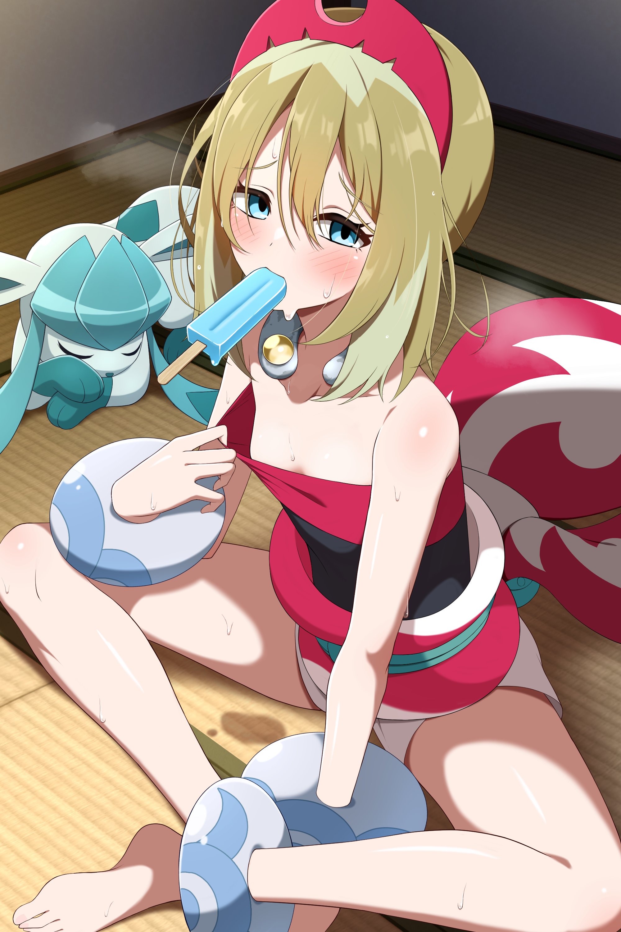 shabana may, glaceon, irida (pokemon), nintendo, pokemon, pokemon legends: arceus, absurdres, highres, 1girl, blonde hair, blue eyes, blush, bracelet, breasts, closed eyes, closed mouth, eyelashes, food, gen 4 pokemon, hair between eyes, hairband, hot, ice cream, jewelry, neck ring, red hairband, red shirt, sash, shirt, short hair, shorts, sleeping, strapless, strapless shirt, white shorts
