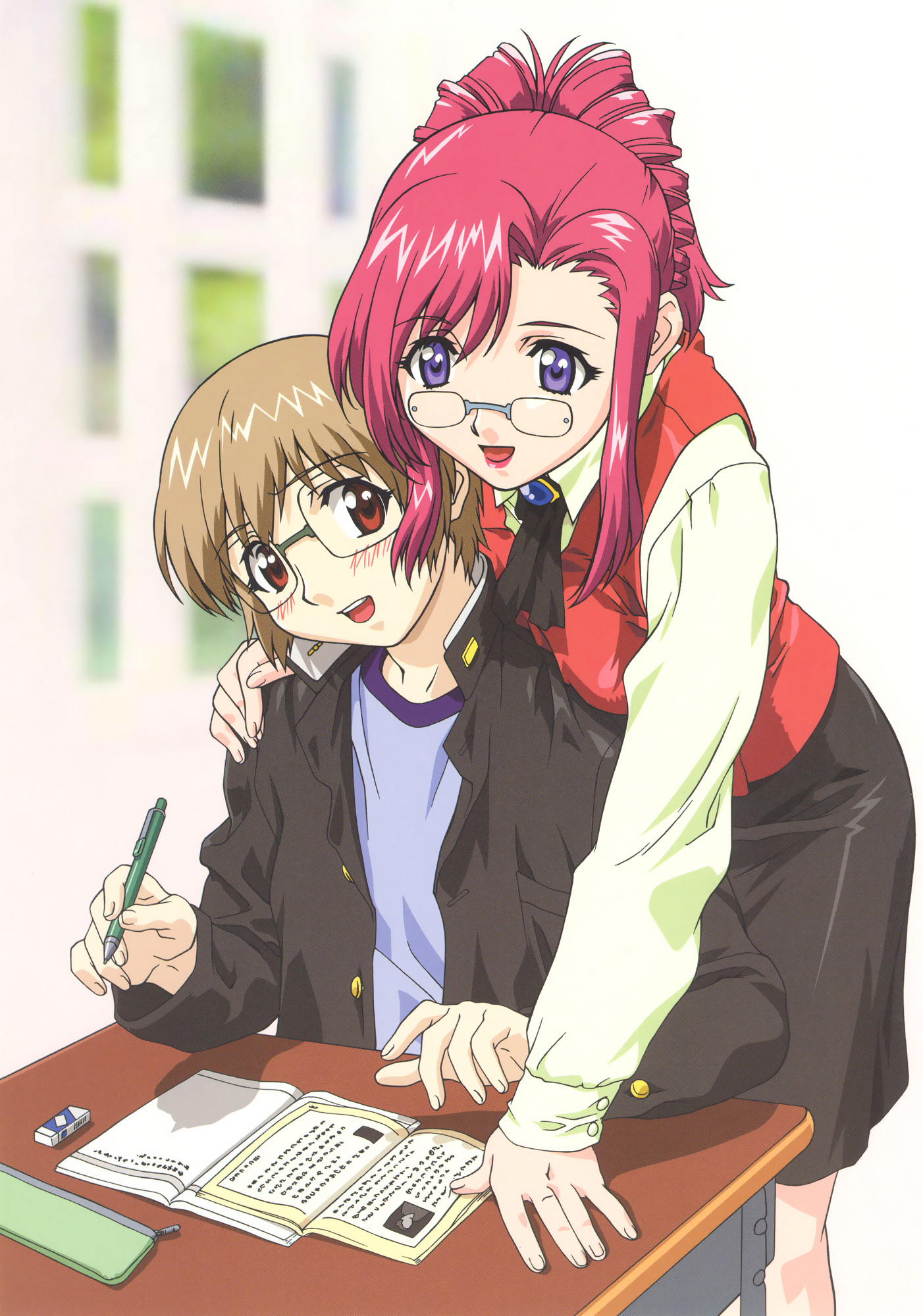 hayashiya shizuru, makino ryuuichi, kazami mizuho, kusanagi kei, onegai teacher, hand on shoulder, highres, scan, 00s, 1boy, 1girl, age difference, blush, book, breast press, breasts, brown hair, desk, eraser, from behind, glasses, husband and wife, lipstick, makeup, open mouth, pen, pince-nez, pink hair, purple eyes, red eyes, school uniform, serafuku, smile, teacher, teacher and student