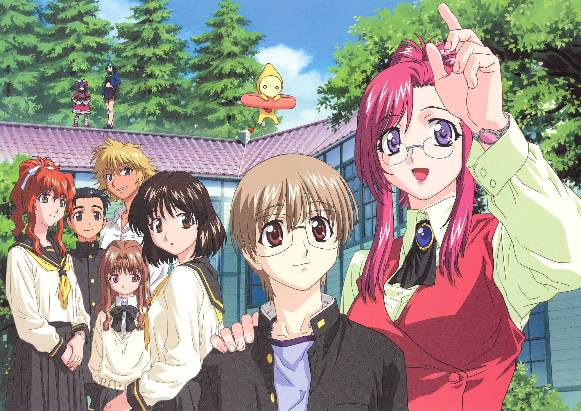 gouda hiroaki, hayashiya shizuru, herikawa koishi, kazami hatsuho, kazami maho, kazami mizuho, kusanagi kei, magumo hyosuke, marie (onegai teacher), misumi kaede, morino ichigo, shido matagu, shidou matagu, onegai teacher, highres, scan, 00s, 3boys, 6+girls, :d, aqua hair, ascot, black hair, blonde hair, blue hair, blunt bangs, bow, bowtie, brooch, brown eyes, brown hair, cloud, creature, crop top, day, dress, everyone, flat chest, floating, flying, gakuran, glasses, grey eyes, grin, hair ribbon, hands on own hips, hug, innertube, jacket, jewelry, lipstick, lolita fashion, long hair, looking back, makeup, midriff, miniskirt, multiple boys, multiple girls, open clothes, open jacket, open mouth, outdoors, pince-nez, pink hair, pleated skirt, pointing, ponytail, purple eyes, red eyes, red hair, ribbon, rooftop, school uniform, serafuku, short hair, skirt, sky, smile, standing, sweater, swim ring, tan, teacher, teacher and student, tree, vest, watch, wavy hair, wristwatch