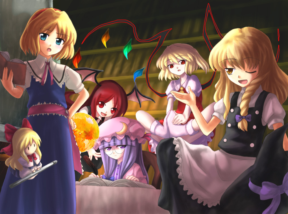 nanao yuki, alice margatroid, flandre scarlet, kirisame marisa, koakuma, patchouli knowledge, shanghai doll, touhou, 5girls, 6+girls, apron, blonde hair, blue eyes, blush, book, braid, brown eyes, buttons, capelet, chair, crystal, demon girl, demon wings, doll, double-breasted, female focus, flying, full body, hat, head wings, holding, holding book, indoors, jitome, library, long hair, mob cap, multiple girls, puffy short sleeves, puffy sleeves, purple eyes, purple hair, short sleeves, single braid, sitting, size difference, standing, table, very long hair, voile, waist apron, wings, witch hat