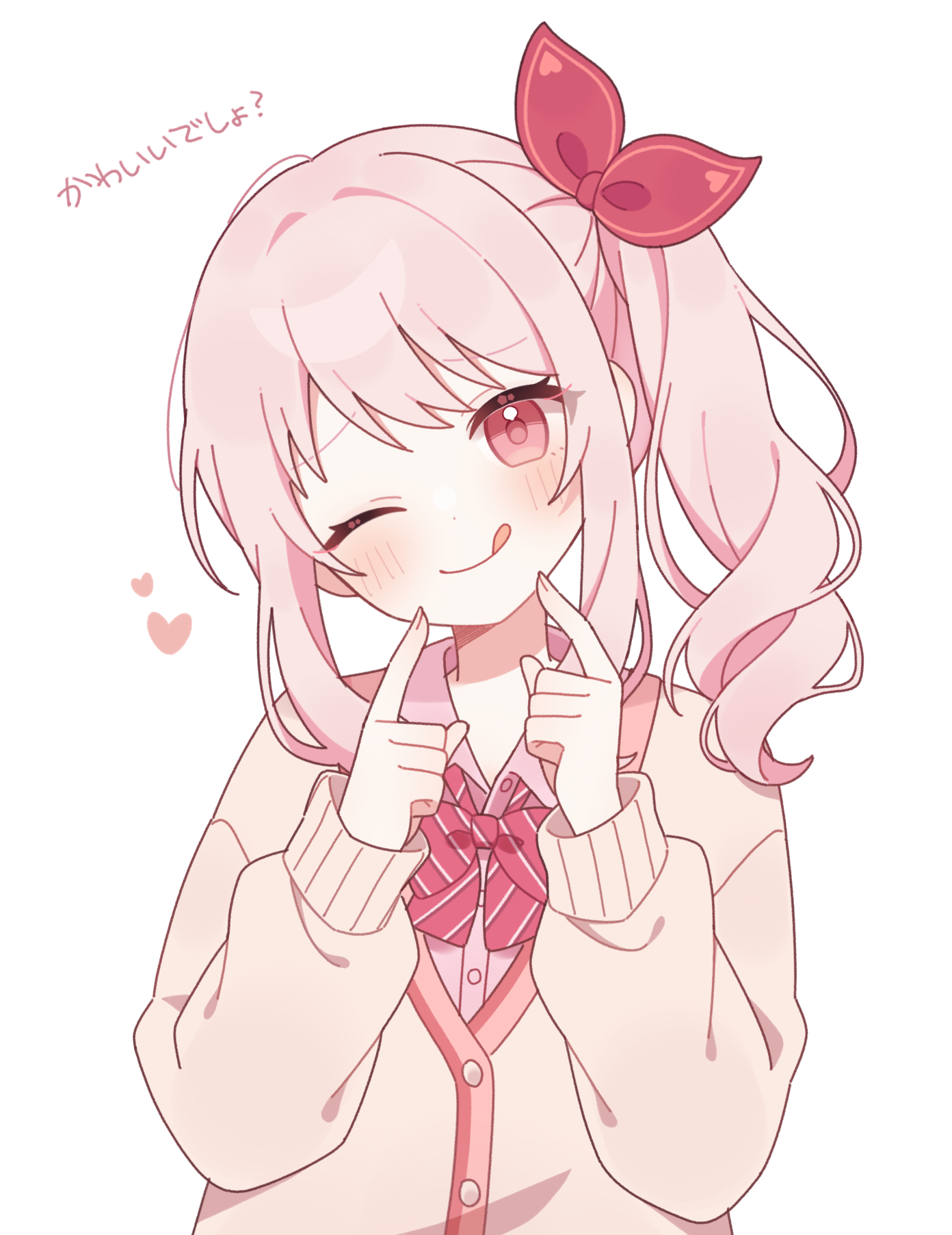 meroharome, akiyama mizuki, project sekai, commentary request, highres, translation request, 1other, ;q, blush, bow, bowtie, cardigan, closed mouth, collared shirt, hair ribbon, hands up, heart, long hair, long sleeves, looking at viewer, one eye closed, other focus, pink hair, pink shirt, pointing, pointing at self, red bow, red bowtie, red eyes, red ribbon, ribbon, shirt, side ponytail, simple background, smile, solo, striped bow, striped bowtie, striped clothes, tongue, tongue out, upper body, white background, yellow cardigan