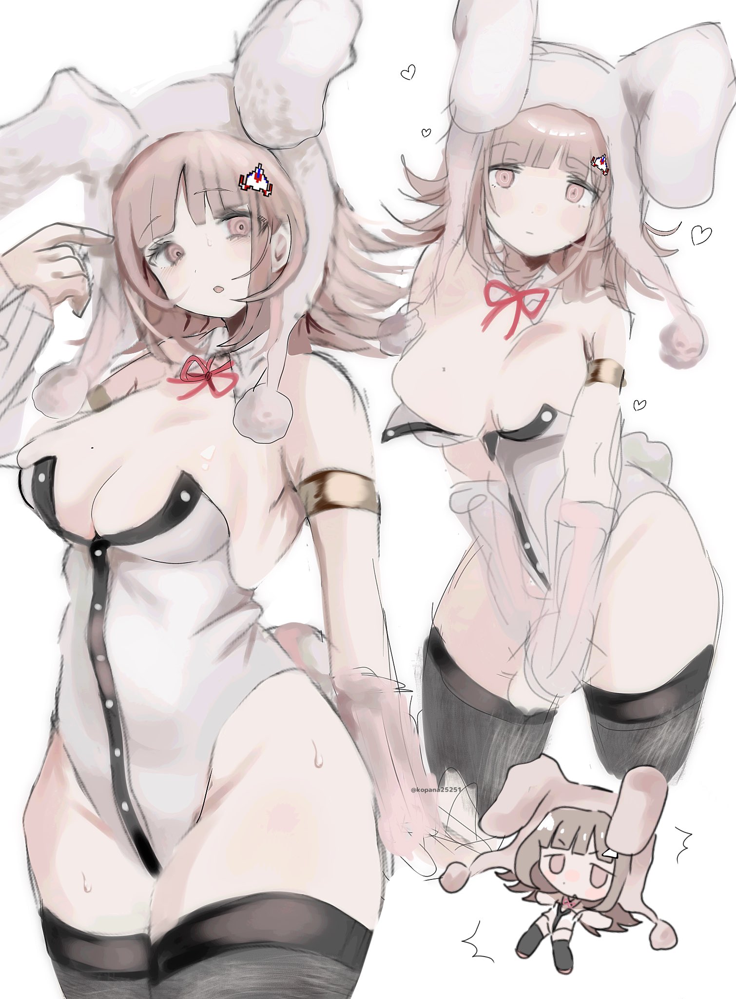 ikemen'na ore-shi, nanami chiaki, danganronpa (series), danganronpa 2: goodbye despair, highres, 1girl, :o, animal ears, animal hood, bare shoulders, black leotard, black thighhighs, breasts, brown hair, cleavage, detached collar, fake animal ears, grey leotard, hair ornament, hood, large breasts, leotard, medium hair, mole, mole on breast, multiple views, neck ribbon, pink ribbon, rabbit ears, rabbit hood, ribbon, shiny skin, simple background, thighhighs
