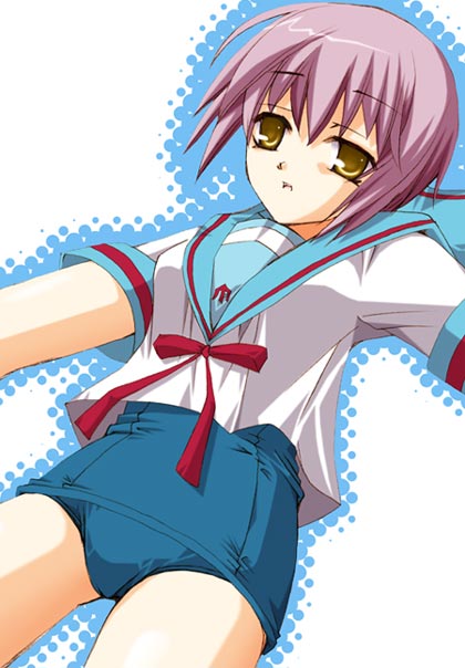 hinase saharu, nagato yuki, suzumiya haruhi no yuuutsu, 00s, 1girl, female focus, one-piece swimsuit, school swimsuit, school uniform, serafuku, solo, swimsuit