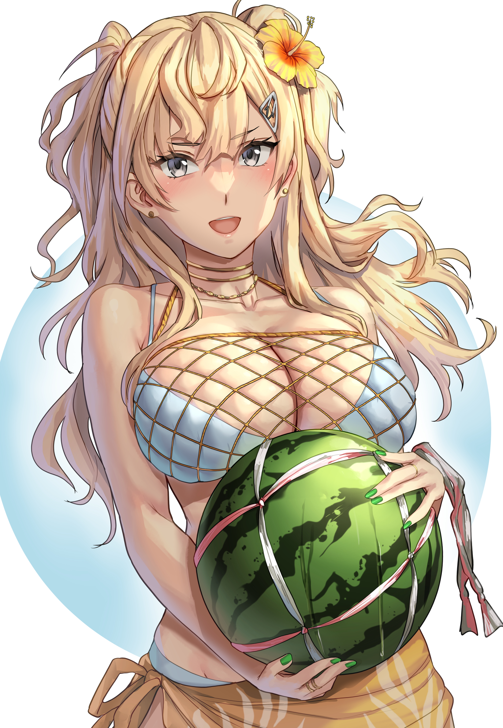 kokuzou, minneapolis (kancolle), kantai collection, commentary request, highres, 1girl, :d, bikini, blonde hair, blue background, breasts, cleavage, earrings, flower, food, fruit, green nails, grey eyes, hair flower, hair ornament, holding, holding food, holding fruit, holding watermelon, jewelry, large breasts, long hair, looking at viewer, mesh, minneapolis (swimsuit) (kancolle), official alternate costume, open mouth, orange sarong, sarong, simple background, smile, solo, stud earrings, swimsuit, two-tone background, two side up, watermelon, wavy hair, white background, white bikini