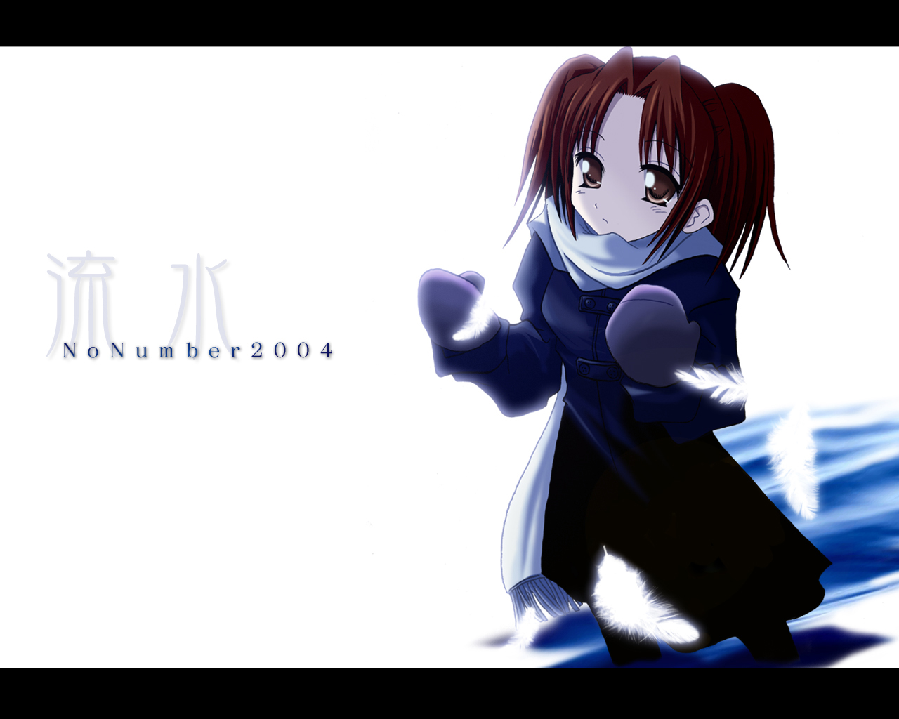 yumizuka satsuki, tsukihime, 00s, 1girl, brown eyes, brown hair, coat, feathers, female focus, gloves, letterboxed, long sleeves, looking at viewer, scarf, simple background, solo, twintails, upper body, white background