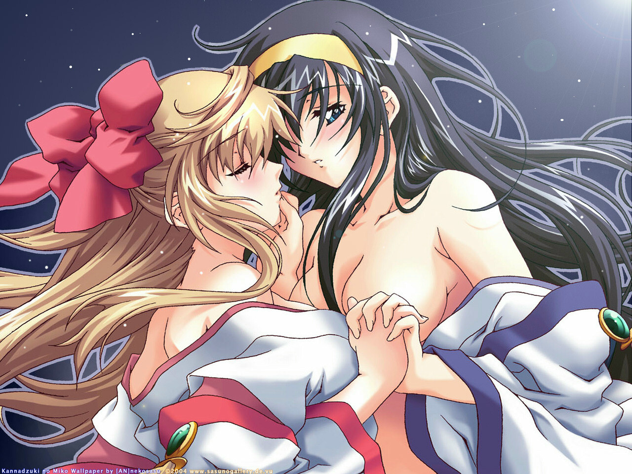 kaishaku, nagayori, himemiya chikane, kurusugawa himeko, kannazuki no miko, light brown hair, 00s, 2004, 2girls, bare shoulders, black hair, blue eyes, blush, bow, breasts, cleavage, clenched hands, closed eyes, copyright name, couple, female focus, floating hair, glowing, glowing eyes, grabbing another's chin, hair between eyes, hair bow, hair over one eye, hair ribbon, hairband, half updo, hand on another's face, holding hands, imminent kiss, interlocked fingers, japanese clothes, large breasts, long hair, looking at another, miko, multiple girls, night, night sky, nude, off shoulder, parted lips, profile, red bow, red ribbon, ribbon, sky, star (sky), starry sky, undressing, upper body, watermark, web address, yellow hairband, yuri