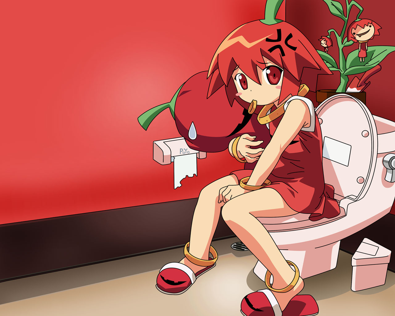 watanabe akio, habanero-tan, netrunmon, original, derivative work, vector trace, 00s, 1girl, anger vein, blush, blush stickers, chili pepper, cushion, female focus, habanero pepper, mouth hold, red eyes, red hair, red skirt, shoes, short hair, skirt, slippers, solo, sweatdrop, toilet, toilet use, trash can
