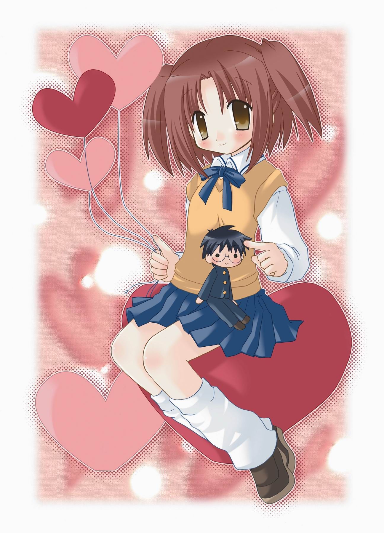 yumizuka satsuki, tsukihime, highres, 00s, 1girl, blue skirt, border, brown eyes, brown hair, female focus, heart, long sleeves, looking at viewer, pink background, pleated skirt, school uniform, serafuku, shirt, simple background, skirt, solo, tareme, white shirt