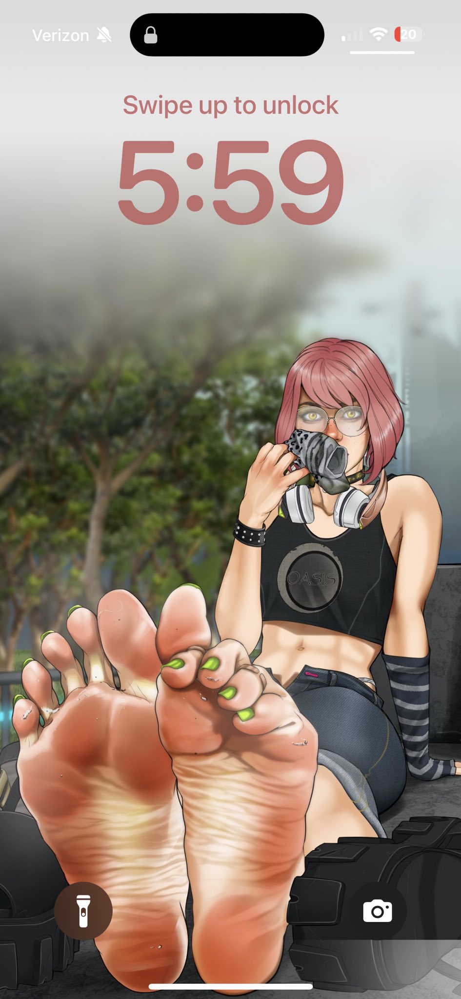empiricalsmut, highres, 1girl, abs, arm support, barefoot, black nails, blurry, blurry background, boots, denim, denim shorts, dirty, dirty feet, english text, eyelashes, fake phone screenshot, fake screenshot, feet, foot focus, foreshortening, gas mask, glasses, green eyes, green nails, hand up, headphones, headphones around neck, jewelry, legs, looking at viewer, mask, medium hair, midriff, nail polish, navel, pink hair, shoes, short hair, shorts, sitting, smell, soles, solo, spread toes, tank top, toe scrunch, toenail polish, toenails, toes, toned, unworn boots, unworn shoes, viewfinder