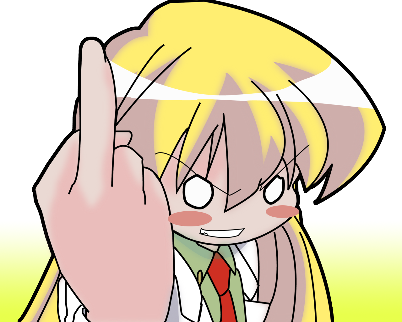 rebecca miyamoto, pani poni dash!, derivative work, vector trace, 00s, 1girl, angry, blonde hair, blue eyes, blush stickers, child, female focus, middle finger, necktie, solo, teacher
