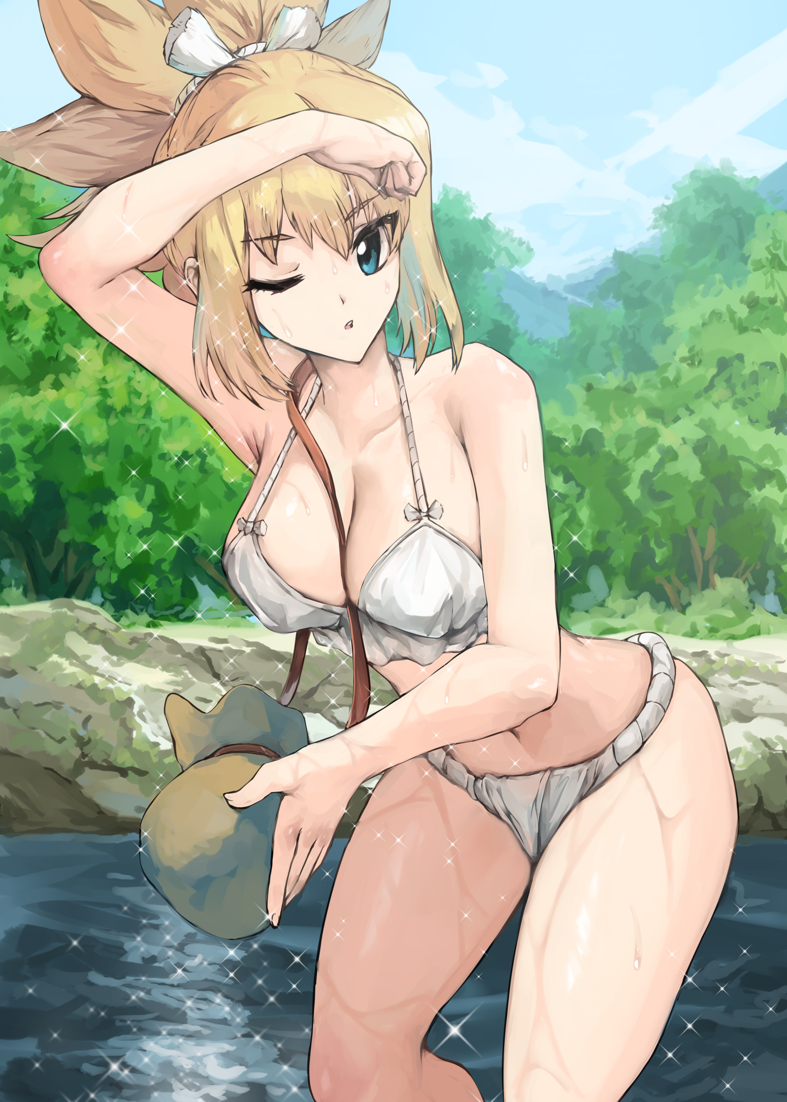 sunnysideup, kohaku (dr. stone), dr. stone, absurdres, commentary request, highres, 1girl, ;o, arm up, bikini, bikini top only, blonde hair, blue eyes, bow, bow bikini, breasts, cleavage, collarbone, dress, fundoshi, japanese clothes, large breasts, looking at viewer, navel, one eye closed, outdoors, parted lips, ponytail, solo, stomach, swimsuit, thighs, water, white bikini
