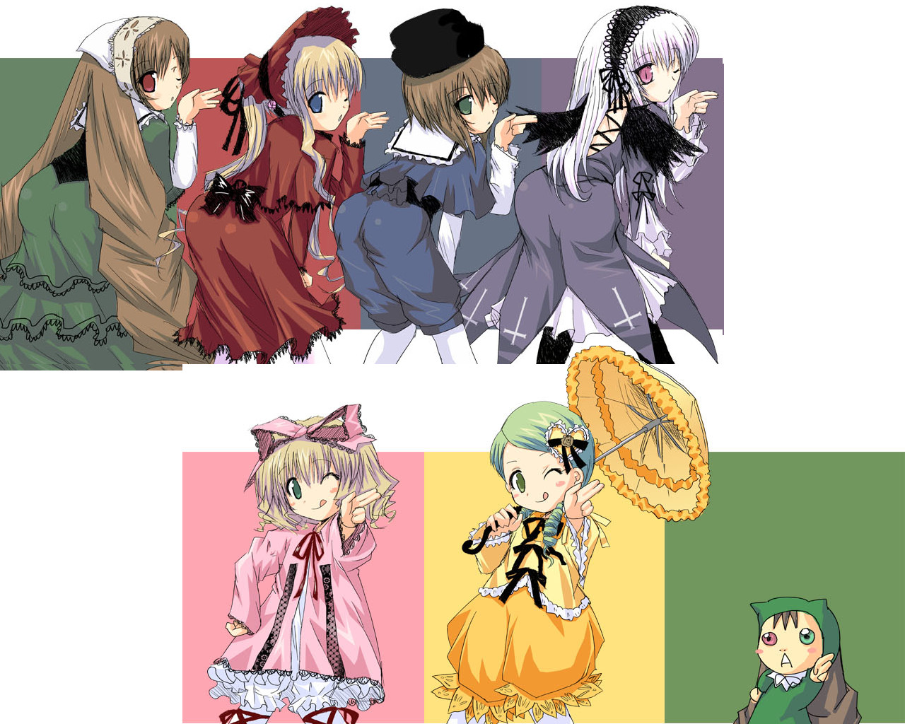hinaichigo, jissouseki, kanaria, shinku, souseiseki, suigintou, suiseiseki, jinki, rozen maiden, 6+girls, ass, blonde hair, bow, multiple girls, one eye closed, parody, pink bow, pointing, siblings, sisters, twins, umbrella