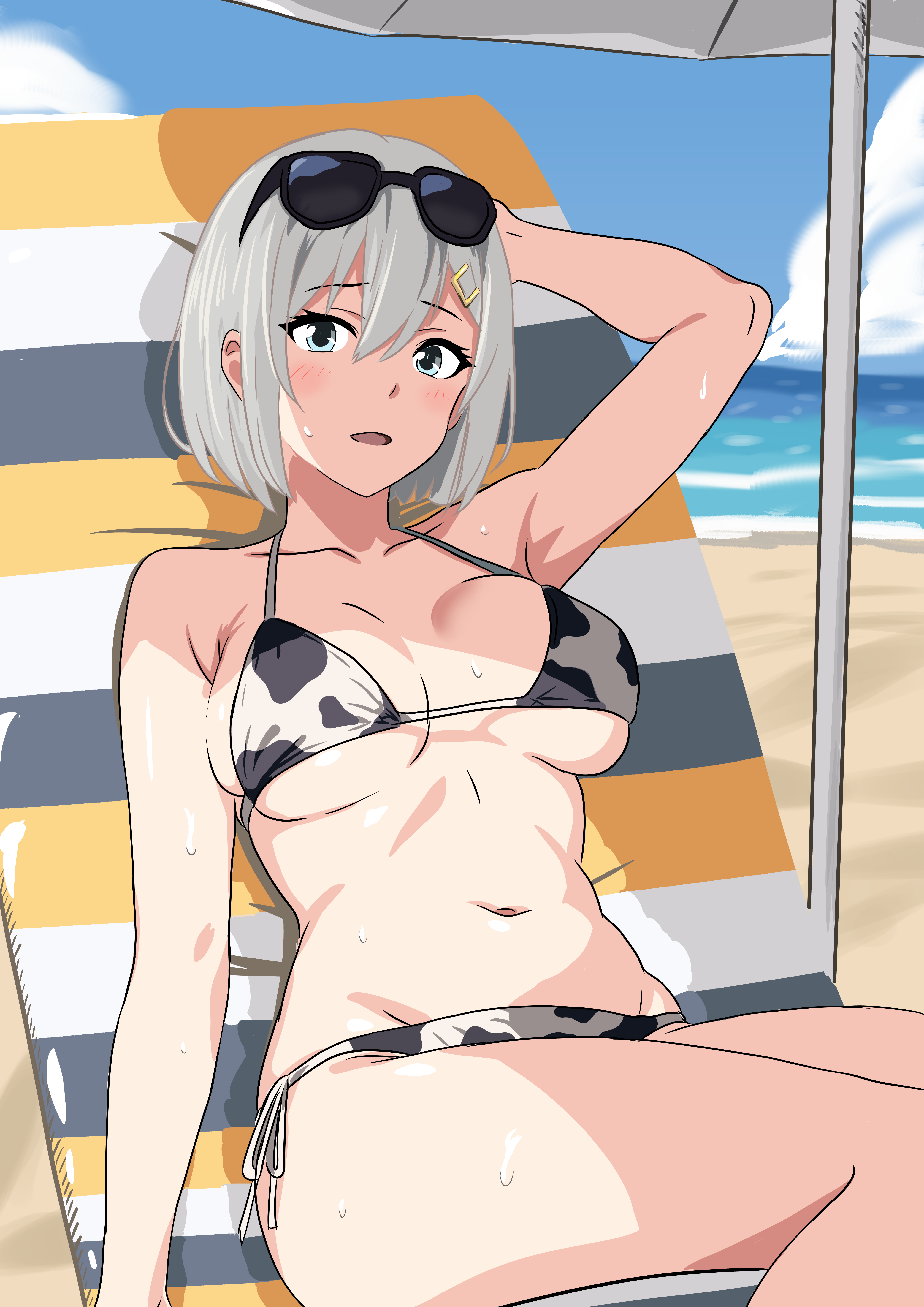 bone namu (namu49850), hamakaze (kancolle), kantai collection, absurdres, highres, 1girl, alternate costume, animal print, arm behind head, arm up, bikini, blue eyes, blue sky, breasts, cow print, cow print bikini, day, eyewear on head, grey hair, hair ornament, hair over one eye, hairclip, large breasts, looking at viewer, navel, ocean, outdoors, print bikini, short hair, side-tie bikini bottom, sitting, sky, solo, sunglasses, swimsuit