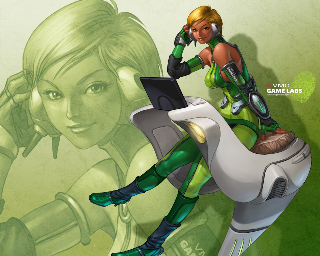 stanley lau, blonde hair, bodysuit, boots, brown eyes, elbow gloves, gloves, headphones, mecha, red eyes, robot, science fiction, short hair, sitting, tan, zoom layer