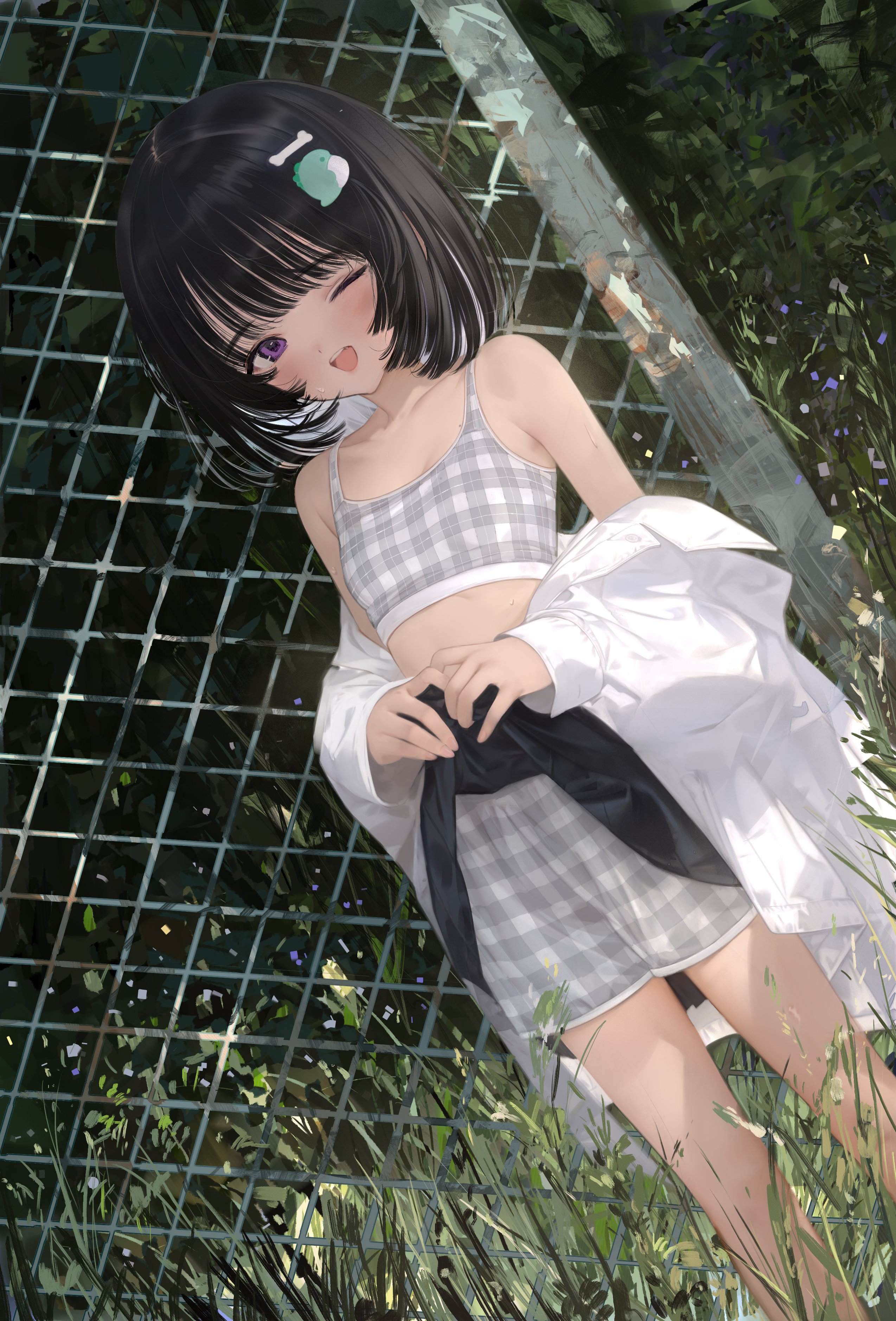 shiratsuyu mone, original, absurdres, highres, 1girl, black hair, blush, chain-link fence, crop top, fence, flat chest, grass, looking at viewer, one eye closed, open mouth, purple eyes, short hair, shorts, shorts under skirt, skirt, smile, solo, undressing