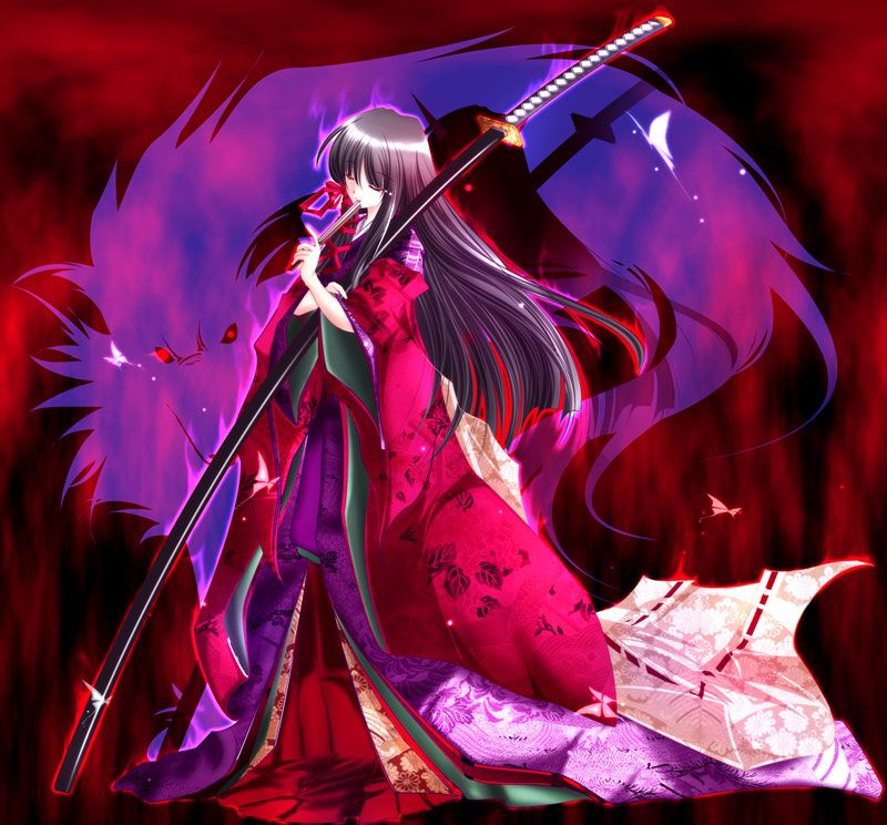 hisame shizuki, 1girl, animal ears, black hair, bug, butterfly, closed eyes, demon, female focus, fox, fox ears, insect, japanese clothes, katana, kimono, long hair, ootachi, ribbon, solo, sword, weapon