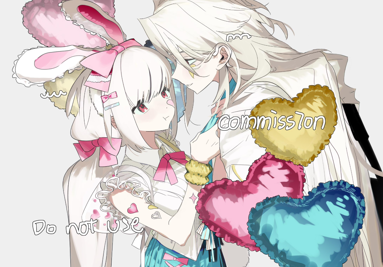 original, 1boy, 1girl, animal ears, balloon, blue skirt, bow, bowtie, collared shirt, eye contact, fake animal ears, hair between eyes, hair bow, hair ornament, heart, heart balloon, lanye11, long hair, looking at another, low twintails, pink bow, rabbit ears, shirt, skirt, sleeveless, sleeveless shirt, twintails, very long hair, watermark, white hair, white shirt