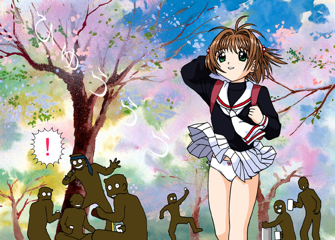 g-nose, kinomoto sakura, cardcaptor sakura, !, 1990s (style), 1girl, backpack, bag, bow, bow panties, brown hair, cherry blossoms, child, clothes lift, green eyes, hair bobbles, hair ornament, name connection, object namesake, panties, randoseru, retro artstyle, school uniform, serafuku, short hair, silhouette, skirt, skirt lift, tomoeda middle school uniform, tree, underwear, wind, wind lift, you gonna get raped