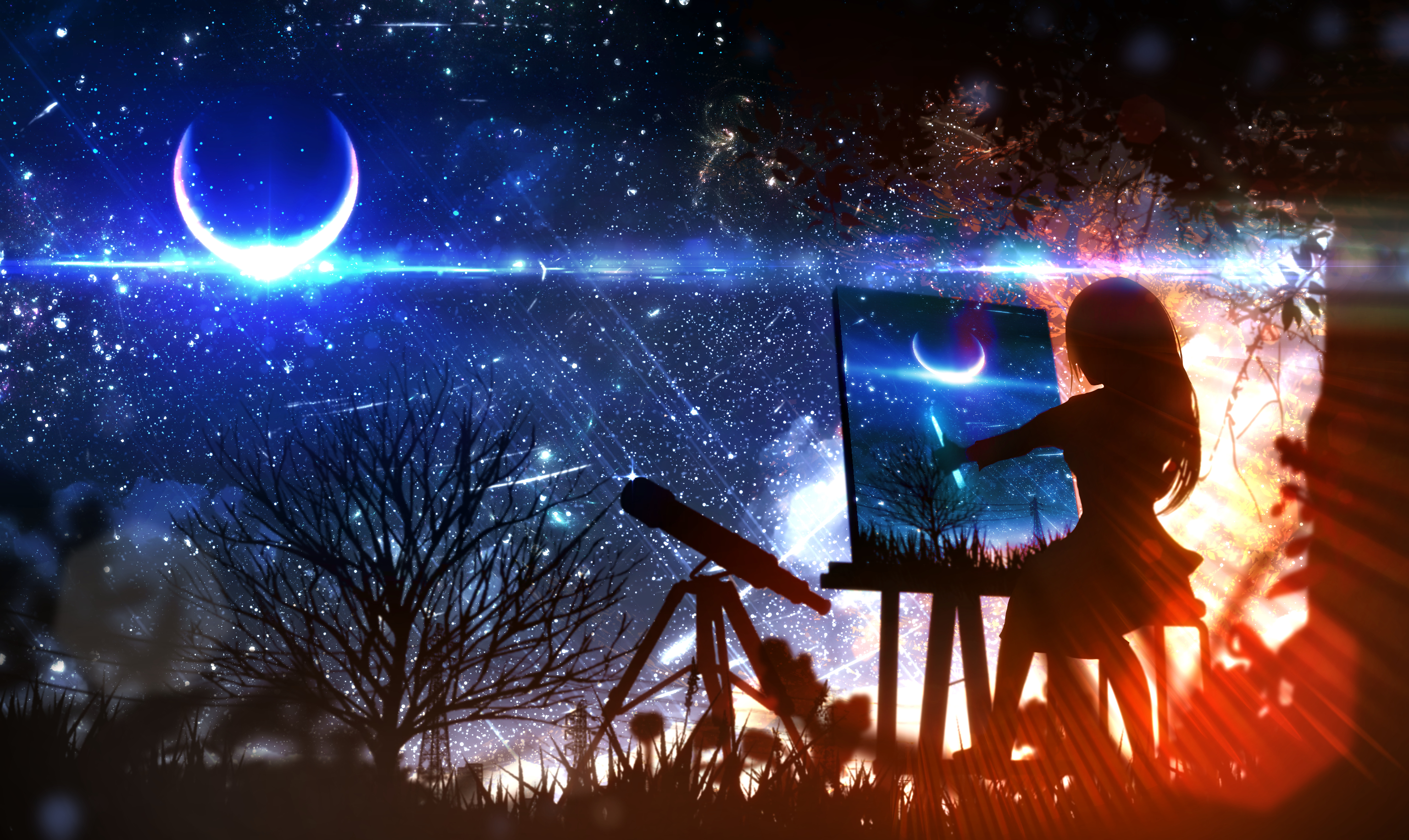 wabema, original, highres, 1girl, branch, canvas (object), cloud, constellation, crescent, drawing (action), dress, fantasy, from below, galaxy, gradient sky, holding, holding paintbrush, long hair, moon, night, night sky, outdoors, paintbrush, scenery, sitting, sky, solo, star (sky), star (symbol), starry sky, telescope, tree