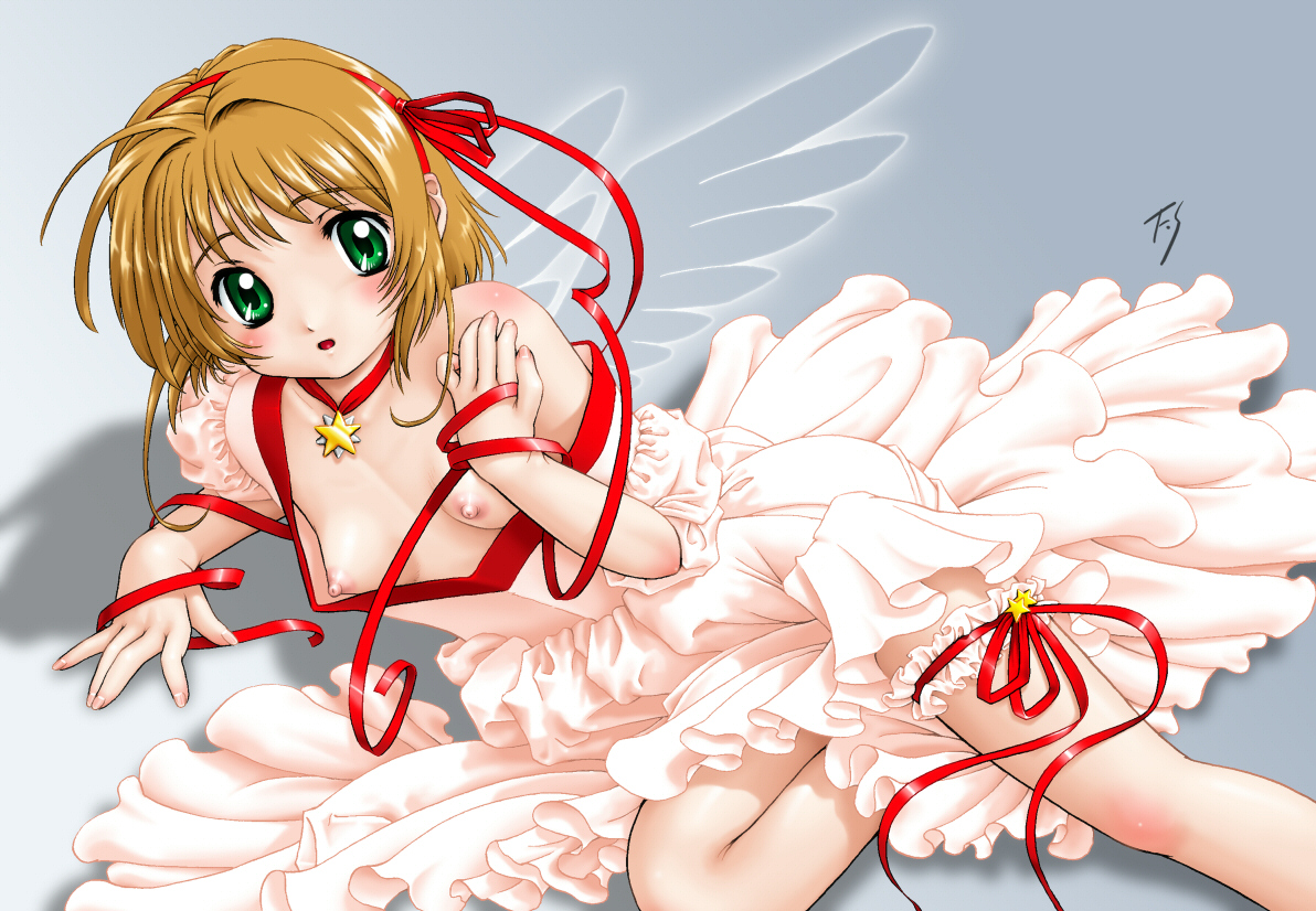 fuji shinobu, kinomoto sakura, cardcaptor sakura, 1990s (style), 1girl, angel, blush, breasts, brown hair, female focus, flat chest, frilled thigh strap, green eyes, lingerie, nipples, retro artstyle, small breasts, solo, thigh strap, underwear, wings
