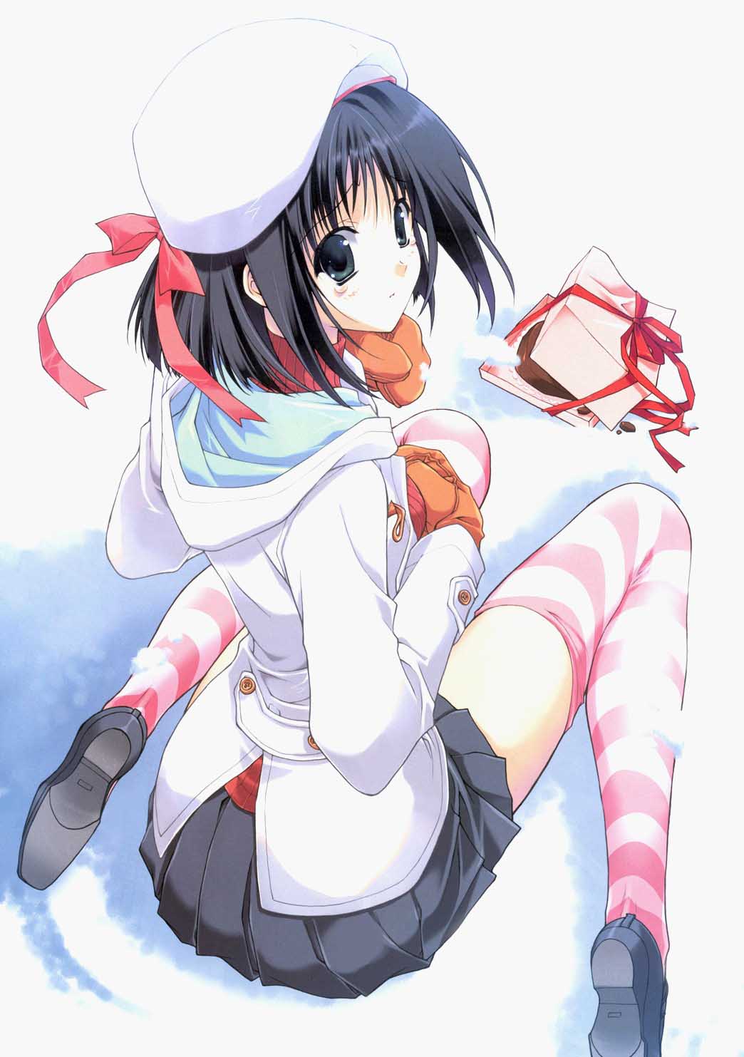 suzuhira hiro, highres, scan, 1girl, beret, black hair, blue eyes, blue hair, bow, buttons, chocolate, female focus, from behind, hat, looking back, mittens, pleated skirt, sad, scarf, shoes, short hair, sitting, skirt, snow, solo, striped clothes, striped thighhighs, tears, thighhighs, valentine, wariza