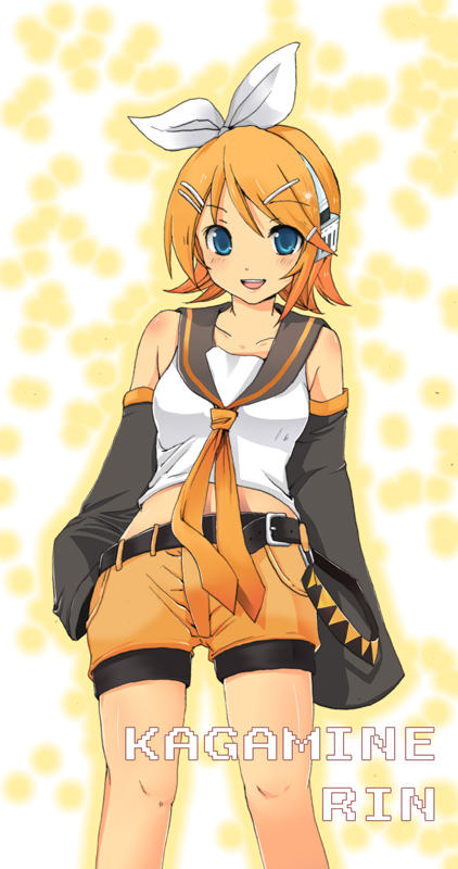 sazame, kagamine rin, vocaloid, 1girl, :d, bare shoulders, belt, blonde hair, blouse, blue eyes, blush, bow, detached sleeves, female focus, hair ornament, hairclip, headphones, midriff, open mouth, shirt, short hair, shorts, sleeveless, sleeveless shirt, sleeves past wrists, smile, solo, white shirt