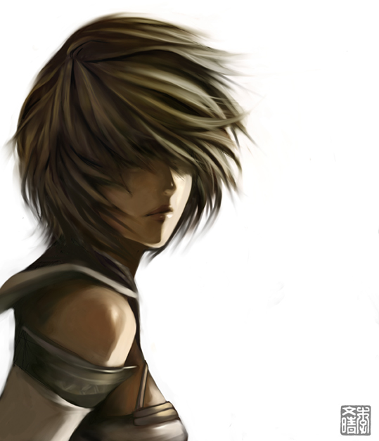 ashelia b'nargin dalmasca, final fantasy, final fantasy xii, 00s, 1girl, bare shoulders, blonde hair, brown hair, closed mouth, female focus, hair over eyes, short hair, simple background, solo, upper body, white background, wind