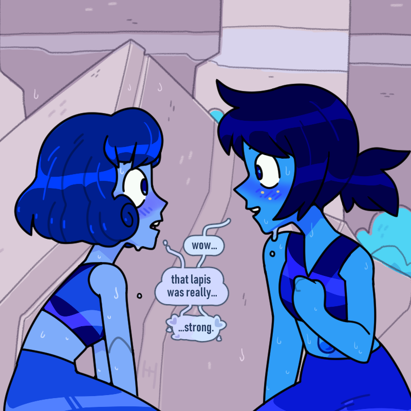 discount-supervillain, steven universe, 2girls, blue hair, blue skin, blush, bob cut, colored skin, crop top, freckles, from side, implied yuri, lapis lazuli (gemstone), lapis lazuli (species) (steven universe), mean lapis, midriff, multiple girls, nice lapis, ponytail, steven universe: future, wet, wet clothes, wet hair, white freckles