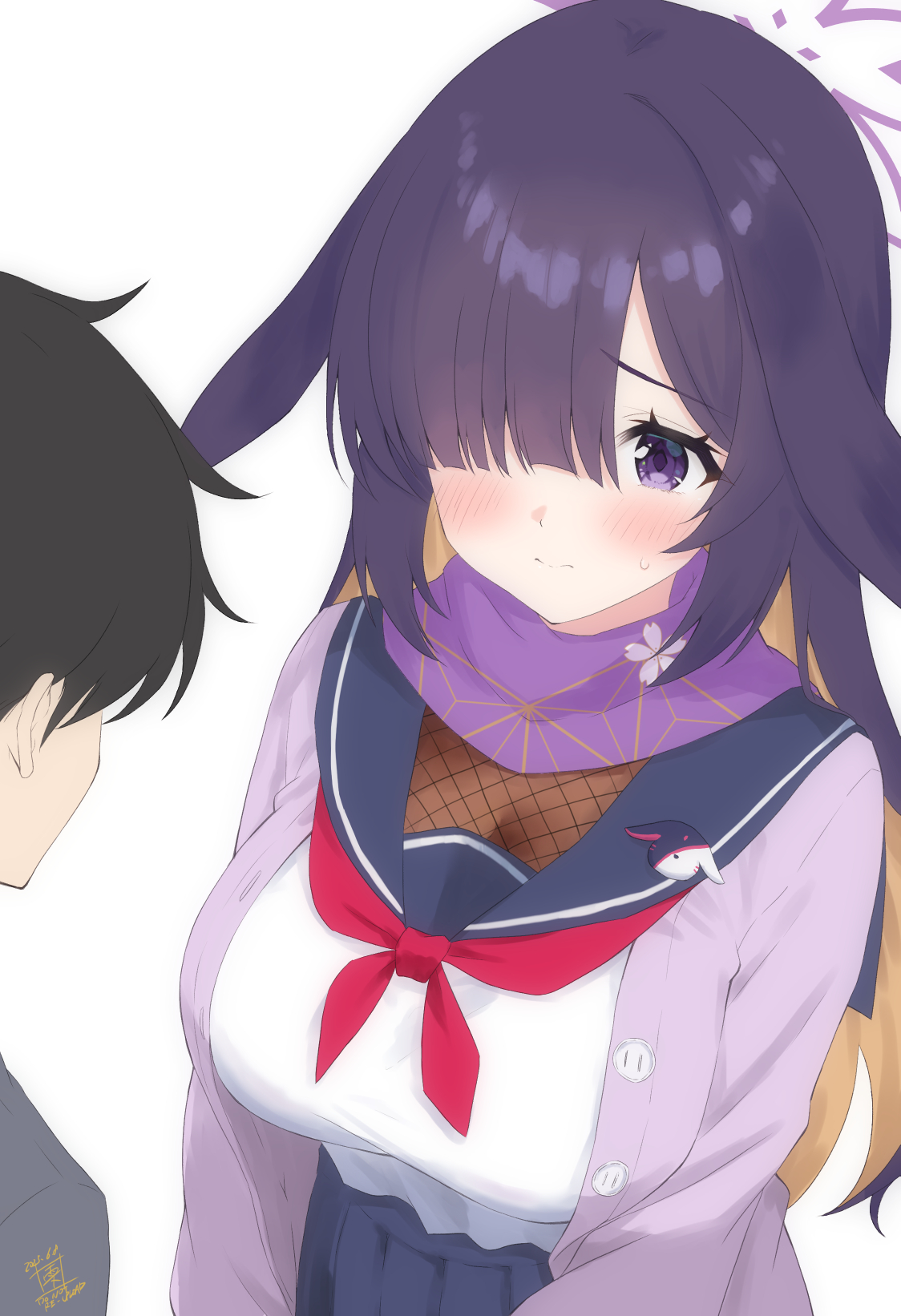 s sequentia, sensei (blue archive), tsukuyo (blue archive), blue archive, commentary request, highres, 1boy, 1girl, 3:, animal ears, black hair, blonde hair, blue sailor collar, blue skirt, blunt bangs, blush, breasts, buttons, cardigan, cherry blossom print, closed mouth, colored inner hair, eyelashes, floppy ears, floral print, furrowed brow, hair over one eye, halo, large breasts, long bangs, long hair, looking at another, multicolored hair, neckerchief, one eye covered, open cardigan, open clothes, pink scarf, pleated skirt, purple cardigan, purple eyes, purple halo, purple scarf, rabbit ears, rabbit girl, red neckerchief, sailor collar, scarf, school uniform, serafuku, shirt, short hair, shy, sidelocks, signature, simple background, skirt, solo focus, straight hair, sweatdrop, two-tone hair, upper body, white background, white shirt