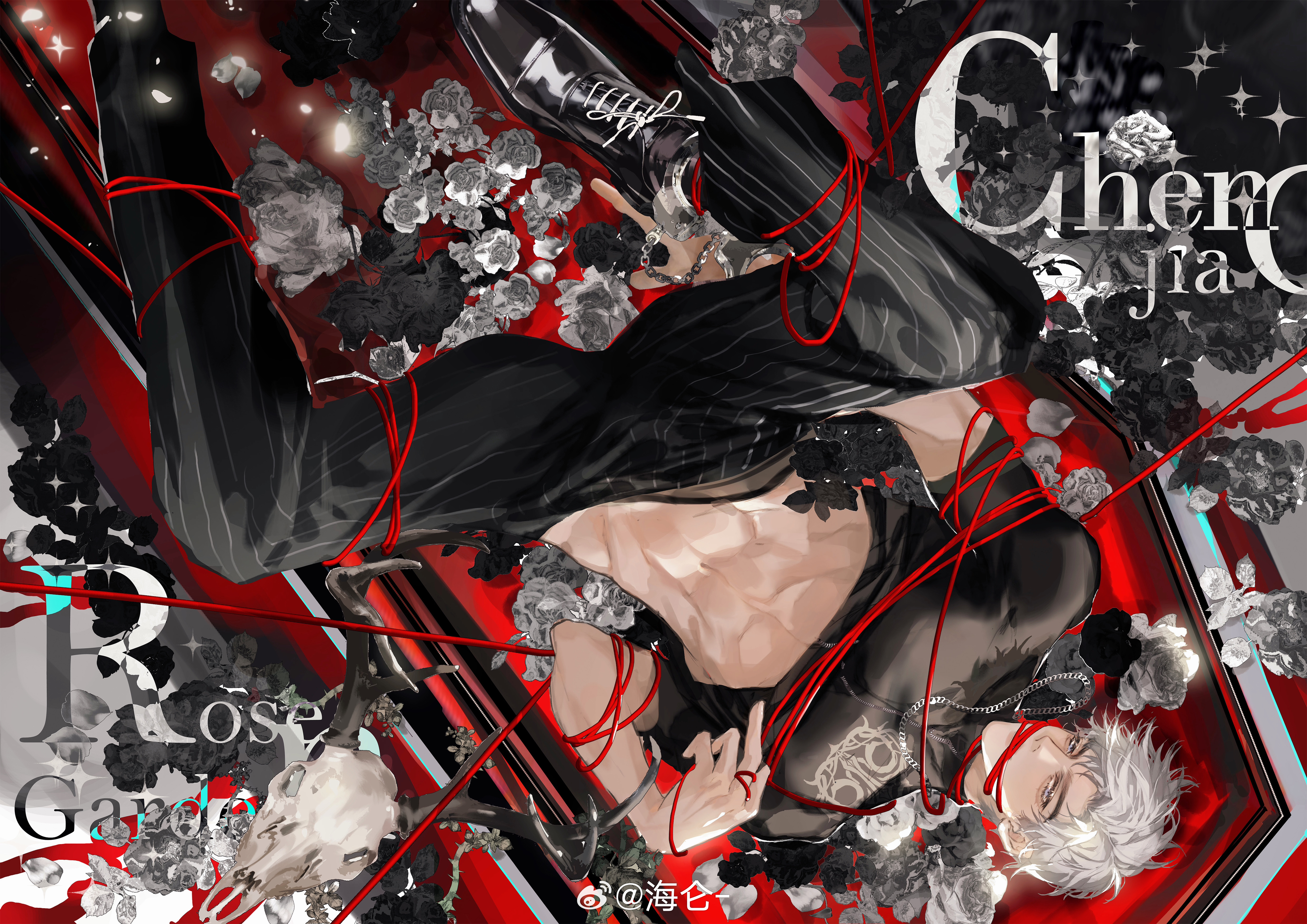 hai-lun, absurdres, chinese commentary, highres, 1boy, abs, ambiguous red liquid, animal skull, black flower, black pants, black rose, black shirt, black shoes, blue eyes, bound, chain, chain necklace, character name, chen jiao, cloth gag, clothes lift, coffin, compression shirt, covered mouth, cross-laced shoes, cuffed, cuffs, curtained hair, dress shoes, flower, foot out of frame, gag, gagged, hand up, handcuffs, improvised gag, jewelry, light particles, looking at viewer, lying, male focus, memoirs in metheus, midriff, necklace, on back, pants, parted bangs, pectorals, pinstripe pants, pinstripe pattern, red ribbon, ribbon, ribbon around body, ribbon bondage, rose, separated arms, shirt, shirt lift, shoes, short hair, short sleeves, sideways glance, solo, spread legs, thorns, toned, toned male, turtleneck, turtleneck shirt, upside-down, watermark, weibo watermark, white flower, white hair, white rose, zipper