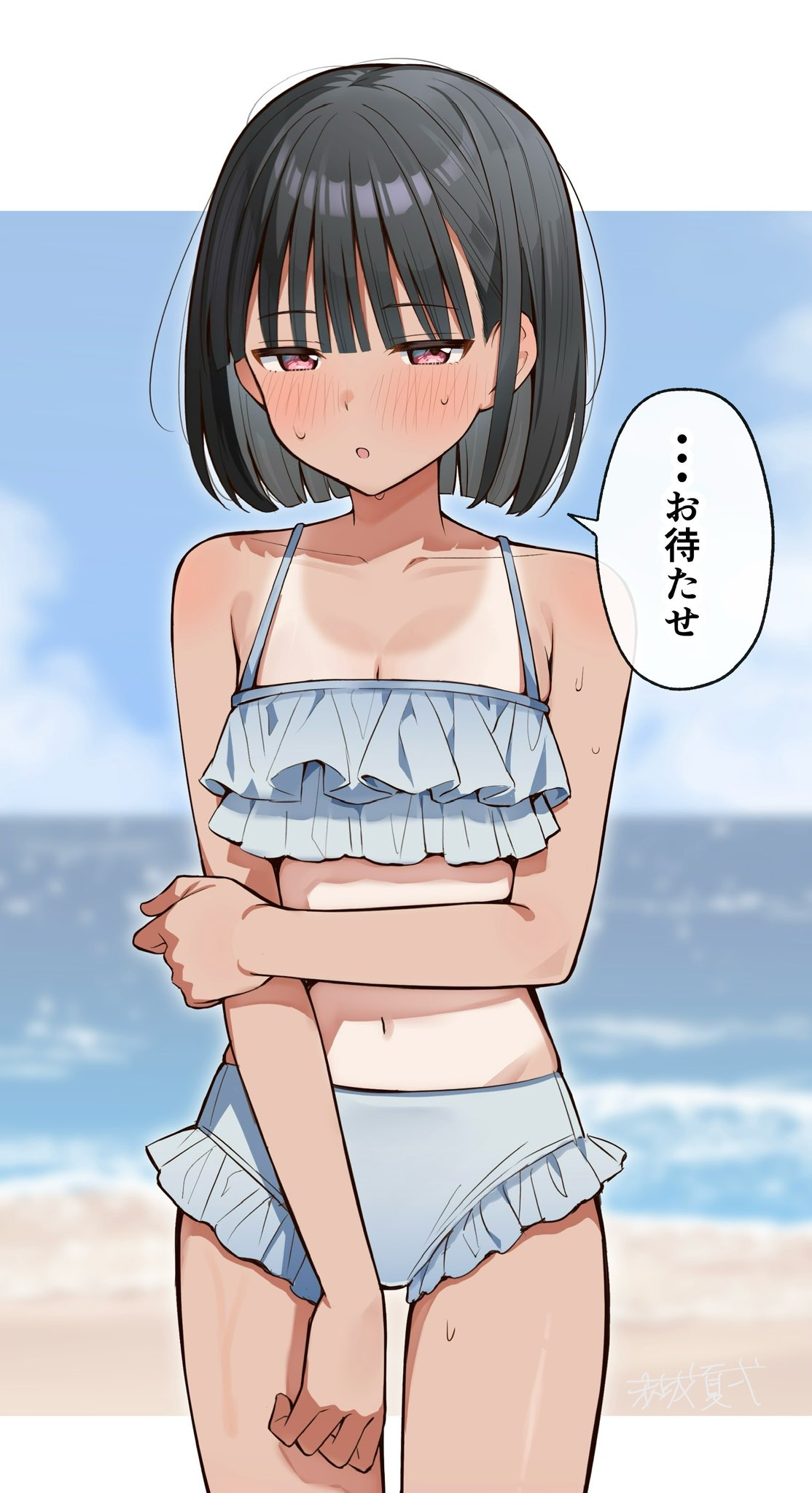 dddd akagi, original, commentary request, highres, translation request, 1girl, beach, bikini, black hair, blush, breasts, embarrassed, frilled bikini, frills, ocean, one-piece tan, pink eyes, short hair, small breasts, solo, sweat, swimsuit, tan, tanline
