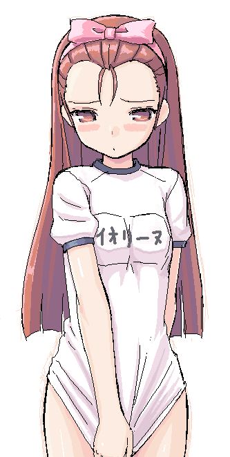 takayaki, minase iori, idolmaster, idolmaster (classic), 00s, blush, bottomless, brown eyes, brown hair, gym uniform, large forehead, long hair, name tag, oekaki, shirt tug, solo