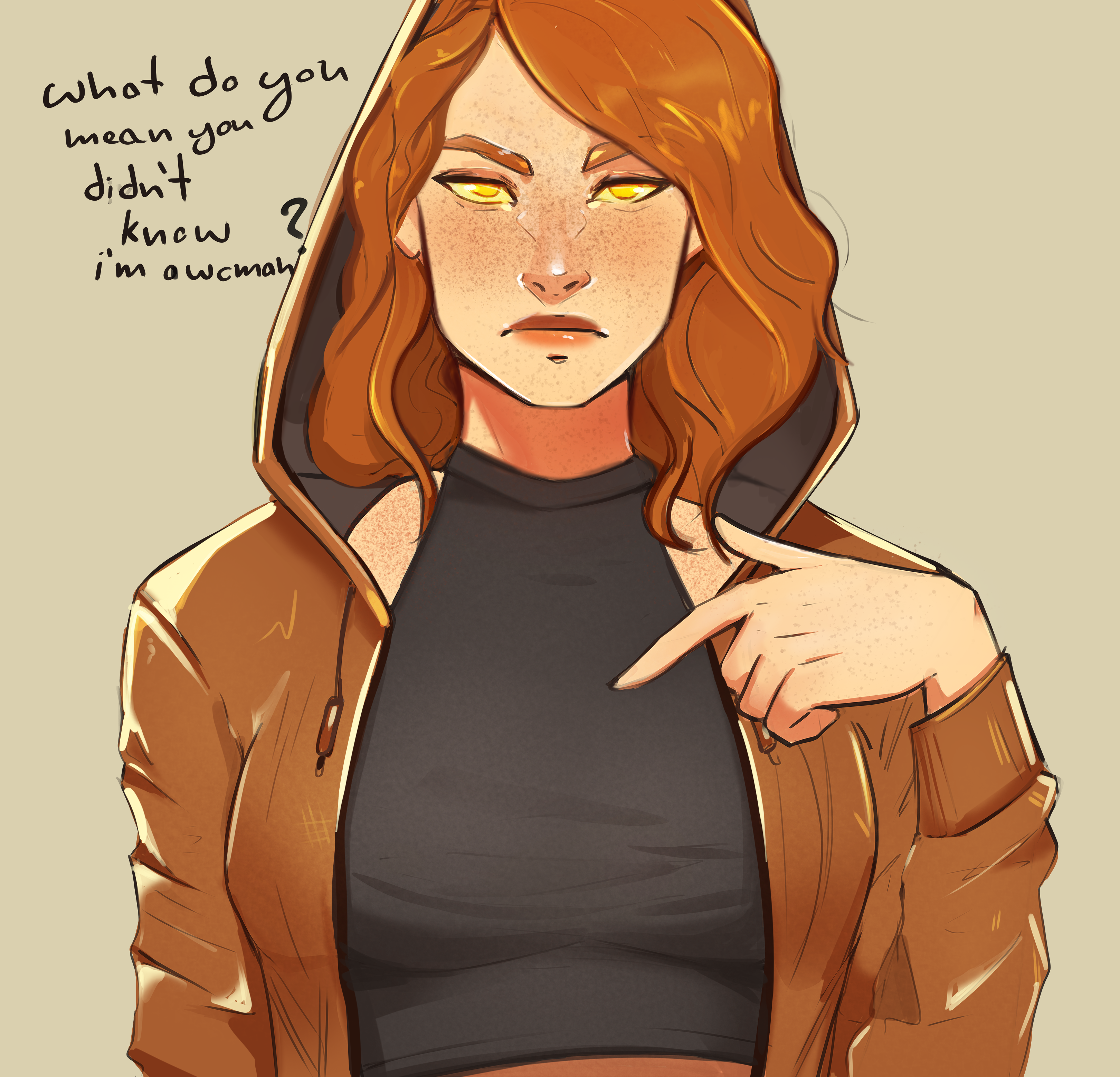 searyn, original, absurdres, highres, 1girl, black shirt, body freckles, breasts, brown background, brown hair, brown jacket, english text, freckles, hand up, hood, hooded jacket, jacket, large breasts, long hair, long sleeves, looking at viewer, open clothes, open jacket, shirt, smile, solo, yellow eyes
