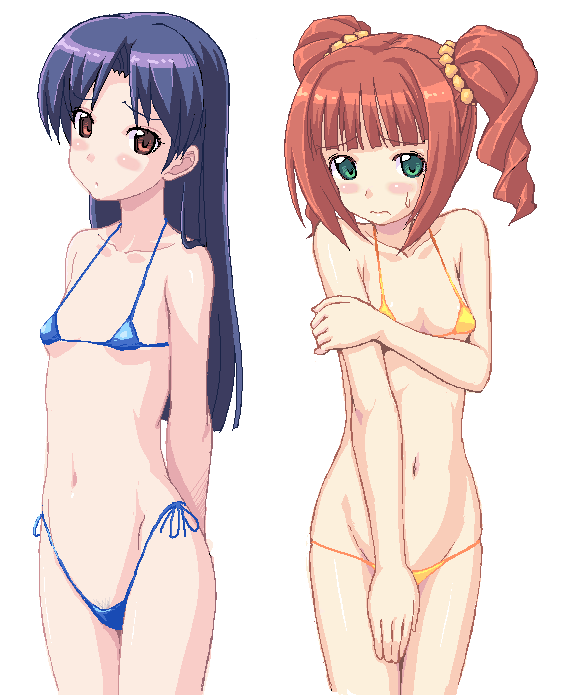 takayaki, kisaragi chihaya, takatsuki yayoi, idolmaster, idolmaster (classic), idolmaster 1, 00s, 2girls, bikini, blush, covering crotch, covering privates, embarrassed, female pubic hair, highleg, highleg bikini, long hair, micro bikini, multiple girls, navel, pubic hair, pussy, pussy peek, side-tie bikini bottom, string bikini, sweatdrop, swimsuit, twintails