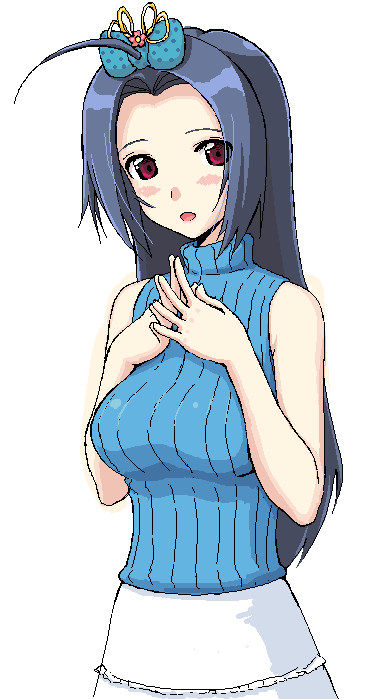 takayaki, miura azusa, idolmaster, idolmaster (classic), idolmaster 1, 00s, 1girl, ahoge, bare shoulders, black hair, bow, female focus, hair bow, long hair, oekaki, red eyes, skirt, sleeveless, sleeveless turtleneck, solo, steepled fingers, turtleneck
