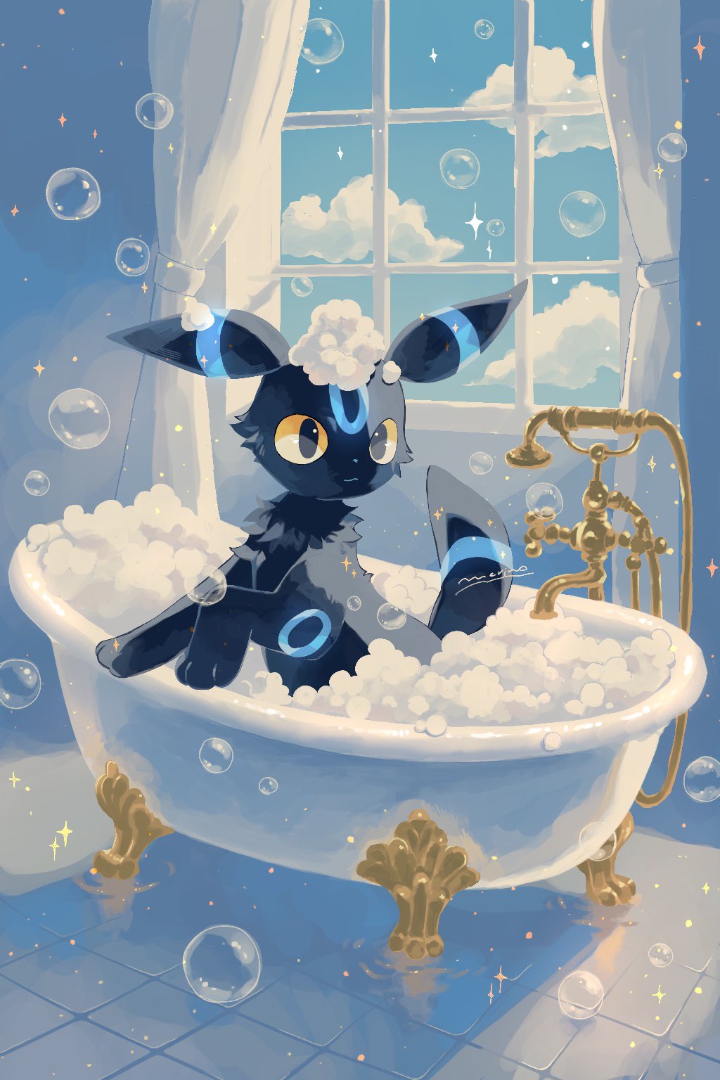 merino (merino 9999), umbreon, nintendo, pokemon, highres, alternate color, animal focus, bath, bathtub, black fur, blue sky, bubble, closed mouth, cloud, colored sclera, curtains, floor, gen 2 pokemon, in bathtub, indoors, looking at viewer, no humans, pokemon (creature), pokemon focus, shiny pokemon, sky, soap, soap bubbles, swimsuit, tile floor, tiles, window