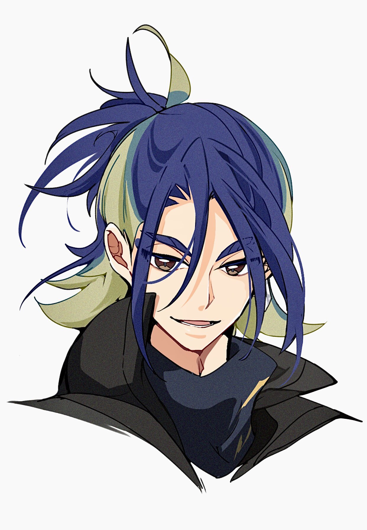 cocoa s3, adaman (pokemon), nintendo, pokemon, pokemon legends: arceus, highres, 1boy, black coat, blonde hair, blue hair, brown eyes, coat, green hair, looking at viewer, male focus, medium hair, multicolored hair, open mouth, portrait, shirt, simple background, smile, solo, teeth, upper body, white background