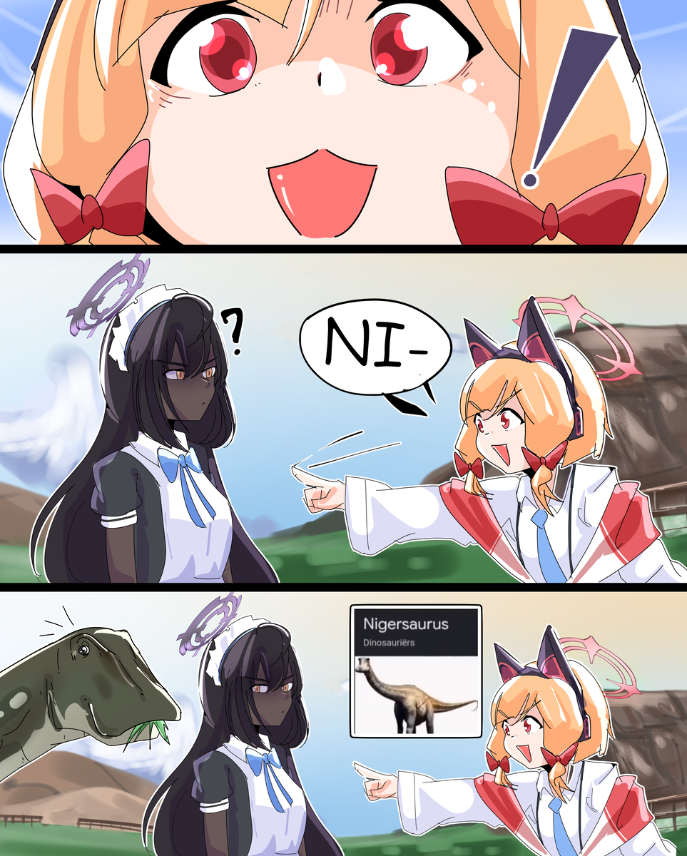 laosburger, karin (blue archive), momoi (blue archive), ark survival evolved, blue archive, commentary, english commentary, !, 2girls, 3koma, ?, animal ear headphones, animal ears, apron, bait and switch, black hair, blonde hair, blue necktie, blue ribbon, cat ear headphones, comic, dark-skinned female, dark skin, day, dinosaur, english text, fake animal ears, frown, halo, headphones, maid apron, maid headdress, meme, multiple girls, necktie, nigersaurus, notice lines, outdoors, pointy ears, prehistoric animal, racism, racist momoi (meme), red eyes, ribbon, sauropod, screenshot inset, shirt, speech bubble, unamused, white apron, white shirt, yellow eyes