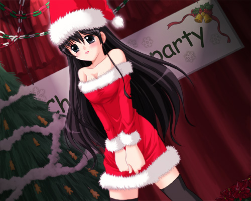 taniguchi mai, lowres, 1girl, black eyes, black hair, breasts, christmas, cleavage, dress, female focus, long hair, medium breasts, santa costume, solo, strapless, strapless dress, thighhighs