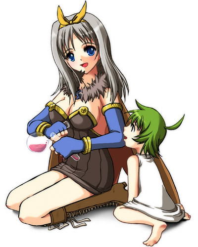 lif (lif & ref), taniguchi mai, alchemist (ragnarok online), lif (ragnarok online), ragnarok online, homunculus, silver hair, lowres, 2girls, alchemist, boots, breasts, cape, cleavage, green hair, large breasts, multiple girls