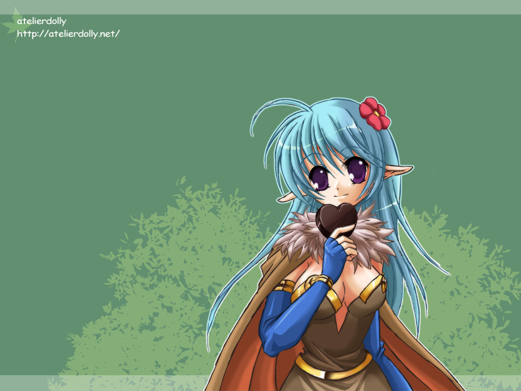 taniguchi mai, alchemist (ragnarok online), ragnarok online, 1girl, alchemist, blue hair, breasts, cape, chocolate, cleavage, elf, female focus, pointy ears, purple eyes, solo