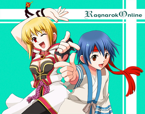 taniguchi mai, monk (ragnarok online), ragnarok online, 1boy, 1girl, blonde hair, blue hair, breasts, cleavage, large breasts, monk, red eyes