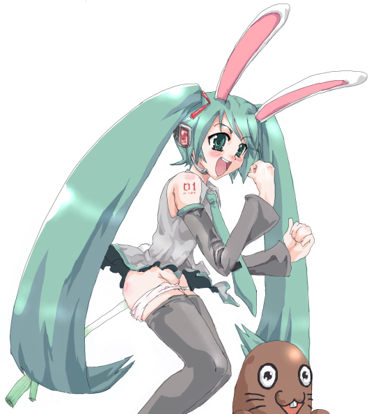 hatsune miku, vocaloid, 1girl, animal ears, aqua hair, female focus, long hair, negi suppository, panties, panty pull, rabbit ears, solo, spring onion, thighhighs, twintails, underwear, very long hair